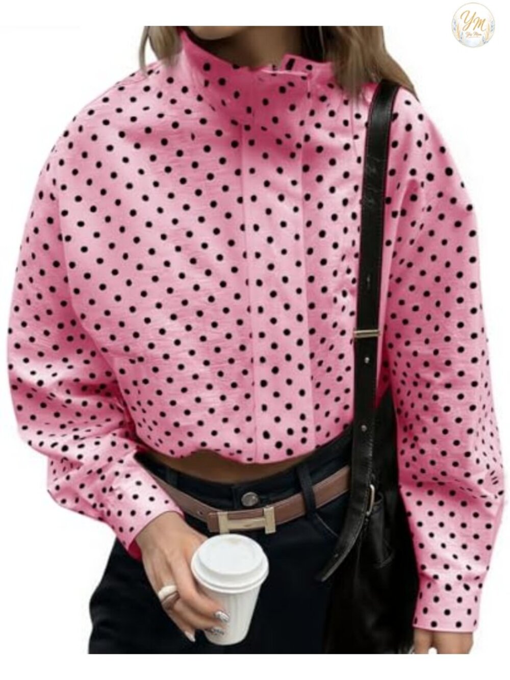 Polka Dot Zip Up Cropped Jacket Lightweight Lapel Collar Casual Trendy